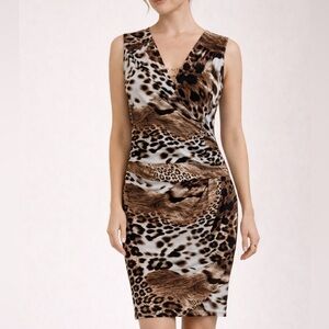 Vintage Cache Leopard Print Faux-Wrap  Dress, Sz S